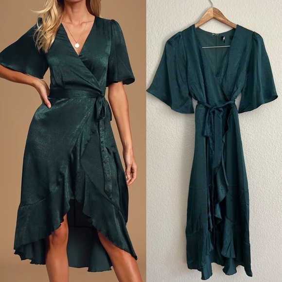 Wrapped Up In Love Dark Green Satin Faux-Wrap Midi Dress - Picture 1 of 8